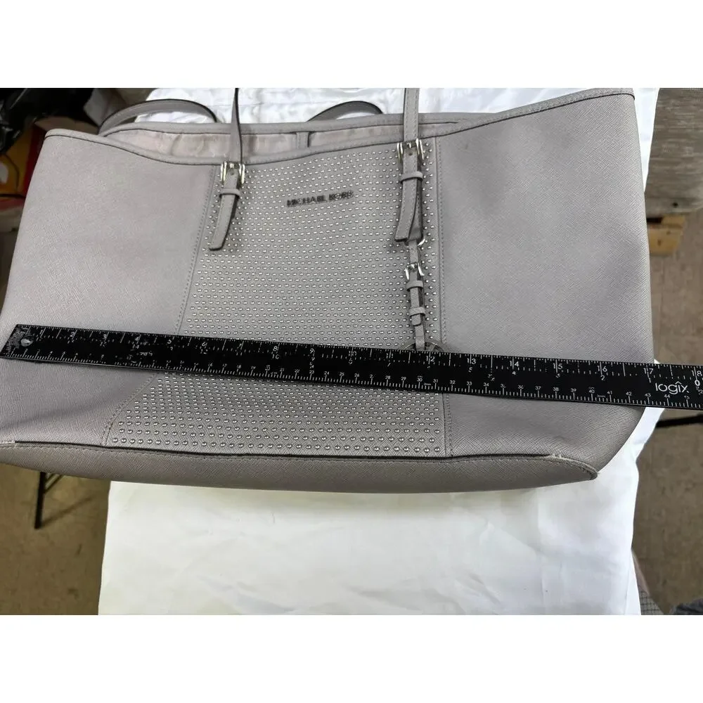 Michael Kors Tote Bag Womens Large Gray Leather Studded Shoulder Purse Wallet
